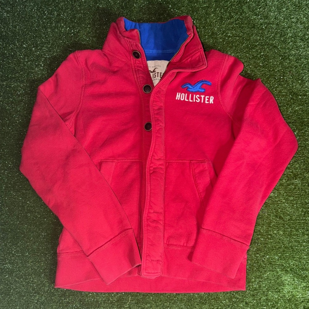 Hollister Red Full Zip Mock Neck Button Sweatshirt Mens Large Blue Logo Jacket